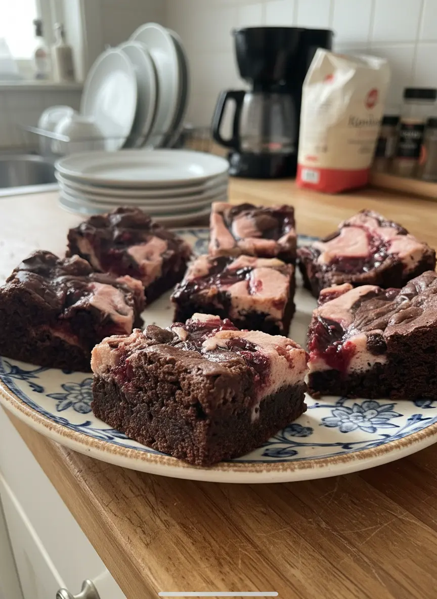 Ingredients laid out for Raspberry Cheesecake Brownies on a light wooden cutting board on a marble countertop. Bowls contain unsalted butter, granulated sugar, cocoa powder, cream cheese, and a jar of raspberry jam. Natural morning light with soft shadows, clean and tidy presentation. 3:4 aspect ratio.