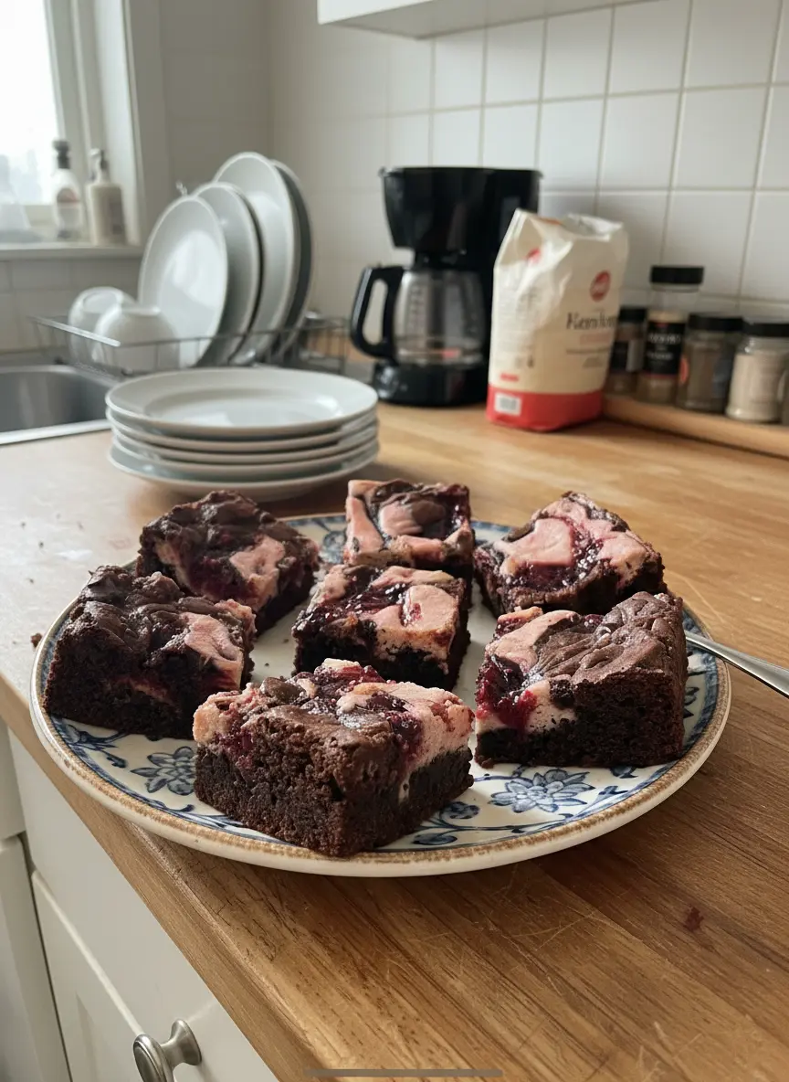 Close-up of brownie batter spread in a parchment-lined 9x13 inch baking pan, with dollops of creamy pink cheesecake mixture and vibrant red raspberry jam on top, being gently swirled with a knife. Natural morning light, marble countertop. 3:4 aspect ratio.
