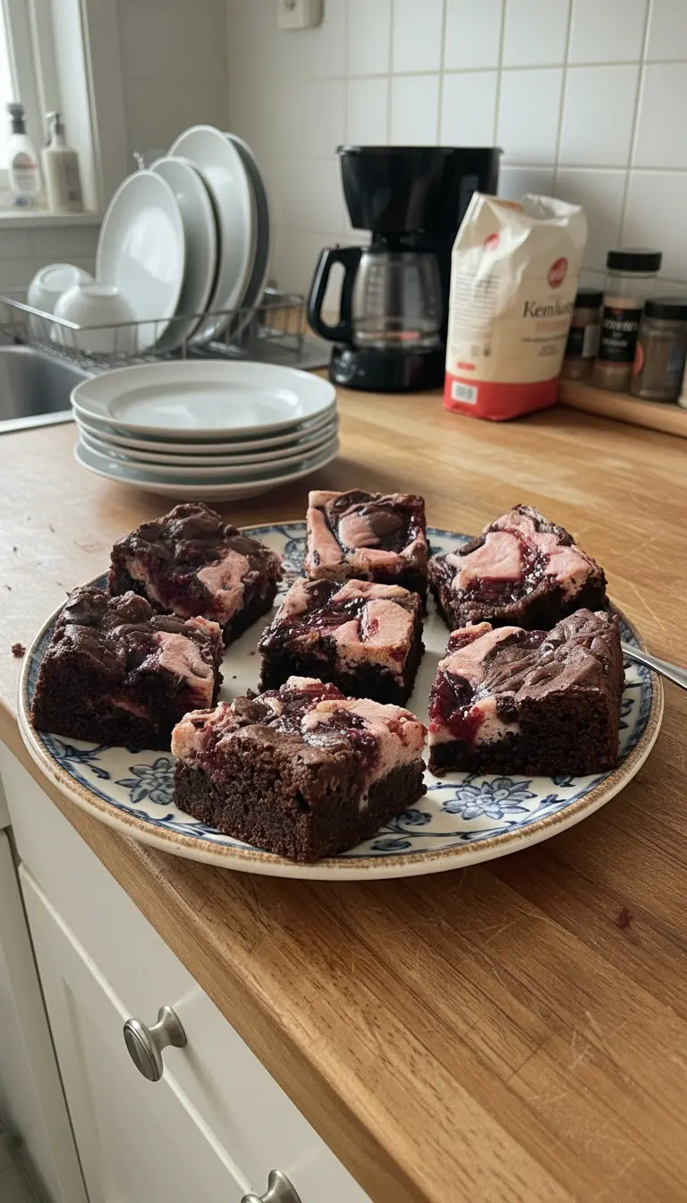 Three square Raspberry Cheesecake Brownies artfully arranged on a minimalist white ceramic plate, showcasing the fudgy texture, distinct pink cheesecake swirls, and glistening red raspberry pockets. The plate sits on a marble countertop with a subtle wood accent and fresh herbs in the background. Natural morning light, soft shadows, warm tones. 3:4 aspect ratio.