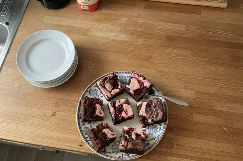 Overhead shot of freshly baked square Raspberry Cheesecake Brownies, scattered on crumpled white parchment paper. Each brownie features a rich dark chocolate base swirled with light pink cheesecake and vibrant red raspberry jam. Natural morning light casts soft shadows on a marble countertop, with a subtle wood accent visible in the background. The scene is clean and tidy with warm tones. 4:3 aspect ratio.