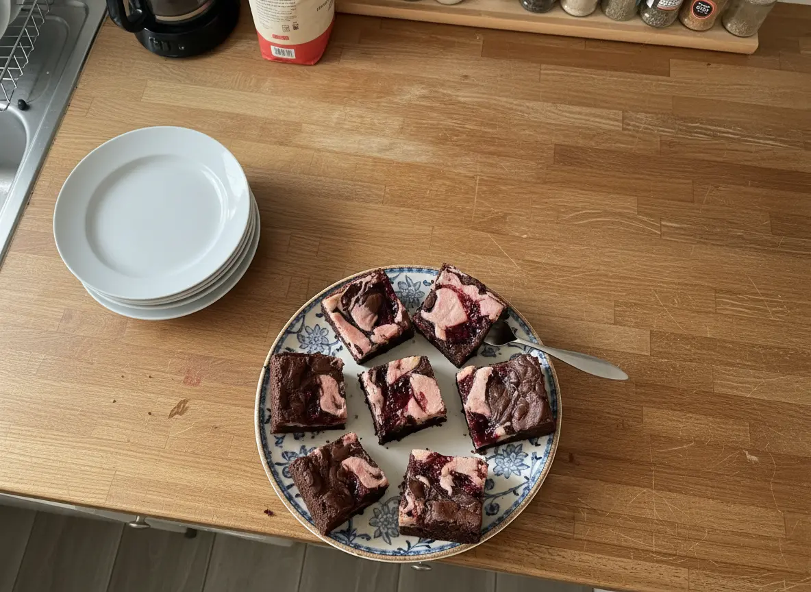 Overhead shot of freshly baked square Raspberry Cheesecake Brownies, scattered on crumpled white parchment paper. Each brownie features a rich dark chocolate base swirled with light pink cheesecake and vibrant red raspberry jam. Natural morning light casts soft shadows on a marble countertop, with a subtle wood accent visible in the background. The scene is clean and tidy with warm tones. 4:3 aspect ratio.