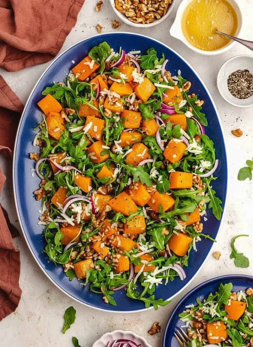 A wooden cutting board holding neatly cubed raw butternut squash, alongside fresh arugula, a whole red onion, and a small ceramic bowl of walnuts. The scene is set on a light marble countertop under natural morning light, with the brand's signature wooden cutting board prominent. NO HANDS. (3:4 ratio)