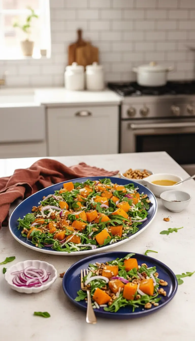 A detailed close-up shot of a single serving of the Roasted Butternut Squash Salad on a minimalist white ceramic plate, showcasing the texture of the tender roasted orange squash, peppery green arugula, crisp red onion, and crunchy walnuts, with visible grated cheese and a light drizzle of dressing. The plate is on a light marble countertop. NO HANDS. (3:4 ratio)