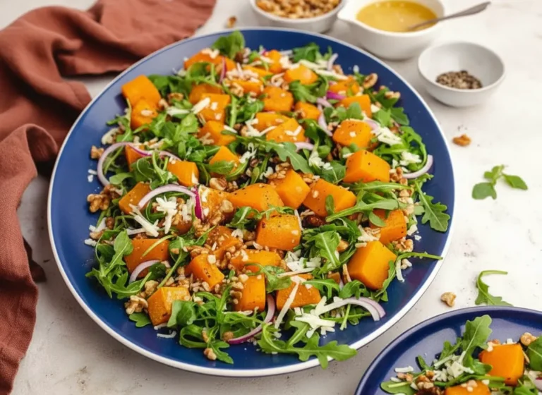 Overhead view of a large oval white platter filled with Roasted Butternut Squash Salad, featuring vibrant orange roasted butternut squash cubes, fresh green arugula, thin red onion slices, chopped walnuts, and grated cheese. Wooden serving spoons are tucked into the salad on the left. In the background, small white ceramic bowls hold extra dressing, toasted walnuts, and ground pepper. The scene is set on a light marble countertop with warm natural morning light and soft shadows, with a rust-colored linen napkin draped nearby. NO HANDS. (4:3 ratio)