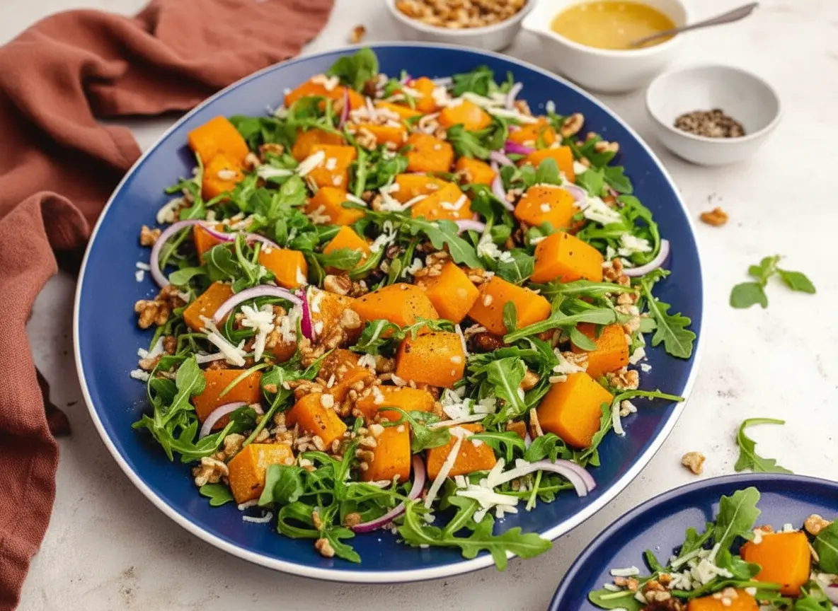 Overhead view of a large oval white platter filled with Roasted Butternut Squash Salad, featuring vibrant orange roasted butternut squash cubes, fresh green arugula, thin red onion slices, chopped walnuts, and grated cheese. Wooden serving spoons are tucked into the salad on the left. In the background, small white ceramic bowls hold extra dressing, toasted walnuts, and ground pepper. The scene is set on a light marble countertop with warm natural morning light and soft shadows, with a rust-colored linen napkin draped nearby. NO HANDS. (4:3 ratio)