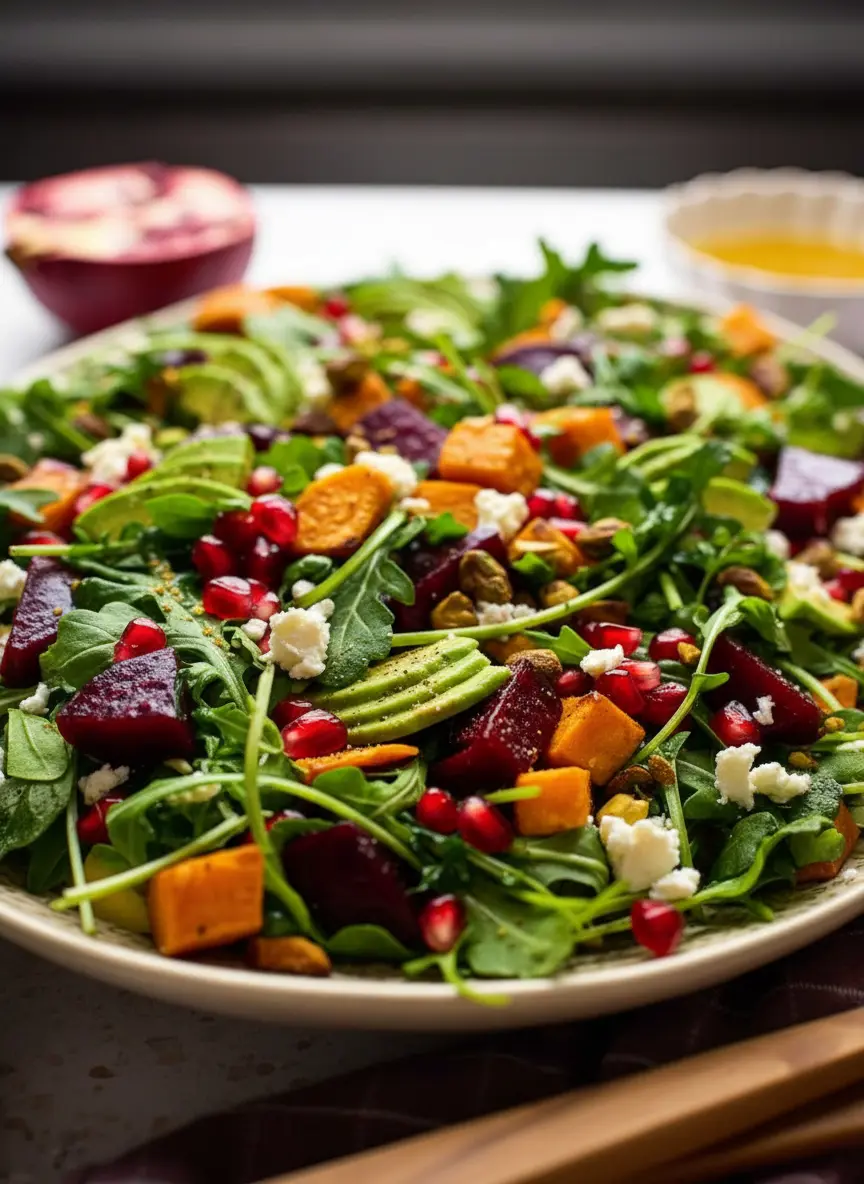 A close-up shot (3:4 ratio) of various raw ingredients for Roasted Sweet Potato and Beet Salad prepped on a wooden cutting board on a marble countertop. Diced raw sweet potatoes and beets are in separate minimalist white ceramic bowls, alongside fresh arugula, a whole avocado, a block of feta cheese, and whole pomegranates. Natural morning light casts soft shadows, and fresh herbs are subtly visible in the background, emphasizing a clean and tidy presentation.