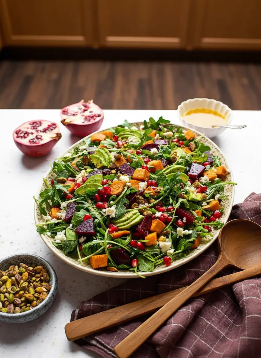 A process-focused shot (3:4 ratio) showing roasted sweet potatoes and beets cooling on separate parchment-lined baking sheets, slightly charred and caramelized, on a marble countertop. A small whisk and bowl for the dressing are nearby, reflecting a warm, clean kitchen setting with natural light and soft shadows, embodying the careful 'Bake Mode' approach to perfectly cooked vegetables.
