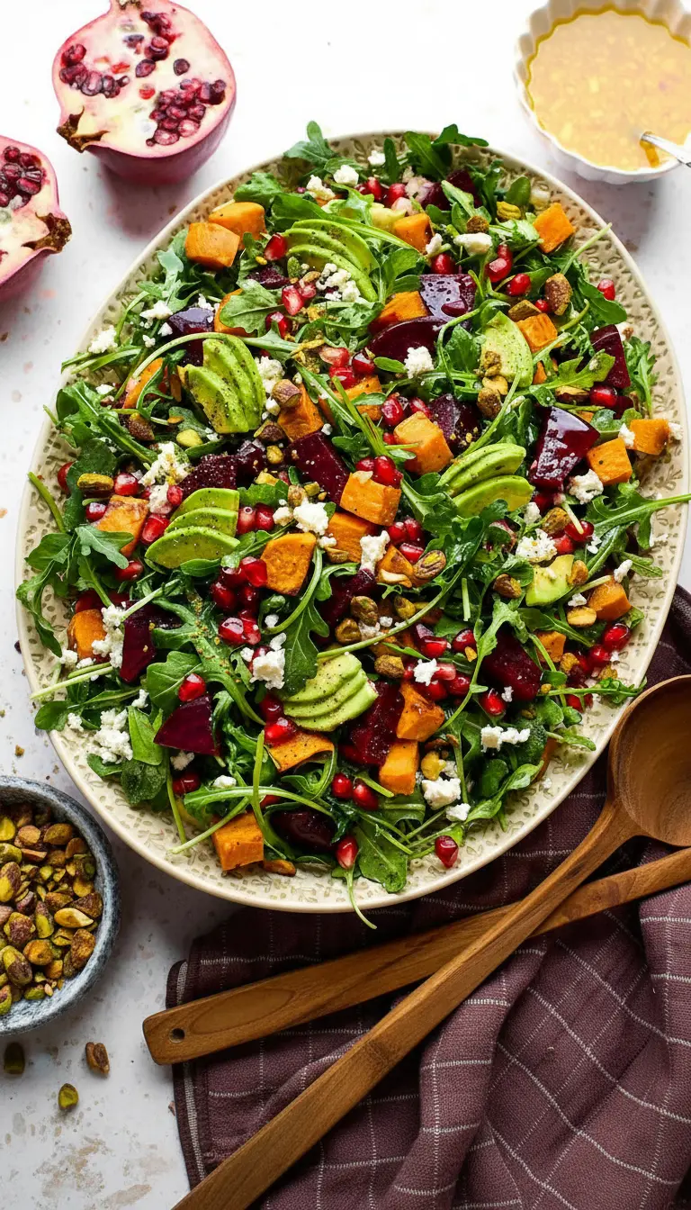 A textural shot (3:4 ratio) of a single serving of Roasted Sweet Potato and Beet Salad in a minimalist white bowl, placed on a wooden cutting board. The focus is on the rich textures and vibrant colors: the crisp arugula, the tender roasted sweet potato and beet, the creamy avocado, crumbled feta, and sparkling pomegranate seeds. Natural morning light enhances the warm tones and inviting feel of the dish, ready to be enjoyed.