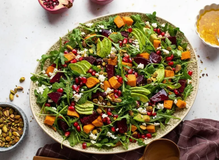 An overhead shot (4:3 ratio) of a large, rustic oval platter generously filled with a vibrant Roasted Sweet Potato and Beet Salad. The salad features abundant green arugula, golden-orange roasted sweet potato cubes, deep ruby-red roasted beet chunks, bright green avocado slices, scattered white crumbled feta cheese, glistening red pomegranate seeds, and chunky green pistachios. The platter sits on a clean marble countertop, illuminated by natural morning light from an east window, with subtle soft shadows. A small ceramic bowl of dressing and a half-cut pomegranate are artfully placed in the background on the marble. The scene is tidy, warm, and inviting, reflecting a genuine love for cooking.
