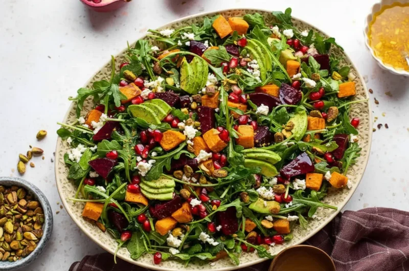 An overhead shot (4:3 ratio) of a large, rustic oval platter generously filled with a vibrant Roasted Sweet Potato and Beet Salad. The salad features abundant green arugula, golden-orange roasted sweet potato cubes, deep ruby-red roasted beet chunks, bright green avocado slices, scattered white crumbled feta cheese, glistening red pomegranate seeds, and chunky green pistachios. The platter sits on a clean marble countertop, illuminated by natural morning light from an east window, with subtle soft shadows. A small ceramic bowl of dressing and a half-cut pomegranate are artfully placed in the background on the marble. The scene is tidy, warm, and inviting, reflecting a genuine love for cooking.