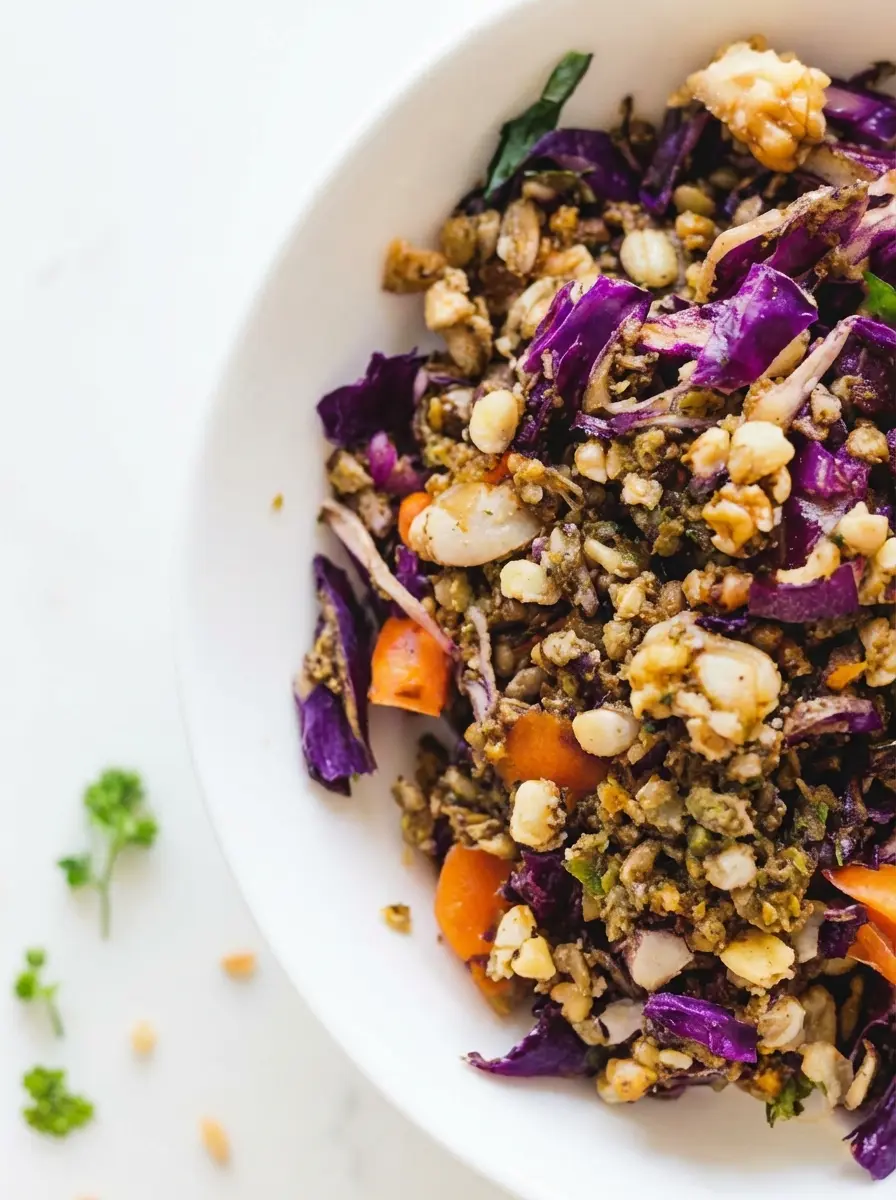 Ingredients for Shaved Brussels Sprouts Salad artfully arranged on a wooden cutting board on a marble countertop, showing whole Brussels sprouts, a head of red cabbage, corn kernels, diced carrots, pistachios, fresh parsley, and small bowls of dressing ingredients (apple cider vinegar, olive oil). Natural morning light, warm tones, clean and tidy. No hands or people. (3:4 ratio)