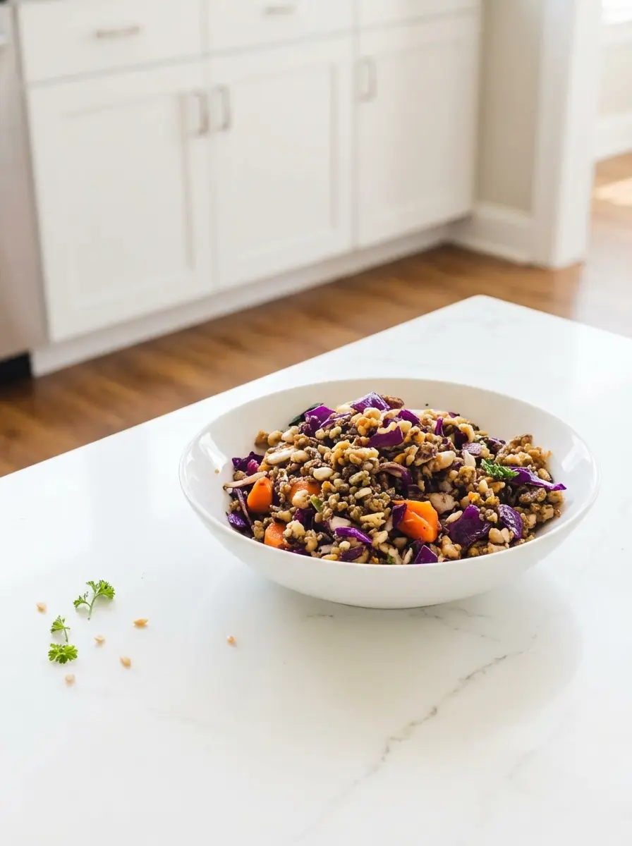 A close-up of thinly shaved Brussels sprouts and purple red cabbage being gently tossed in a minimalist white ceramic bowl on a marble countertop. The texture of the shaved vegetables is highlighted, with soft shadows and warm tones. Natural morning light from an east window. No hands or people. (3:4 ratio)