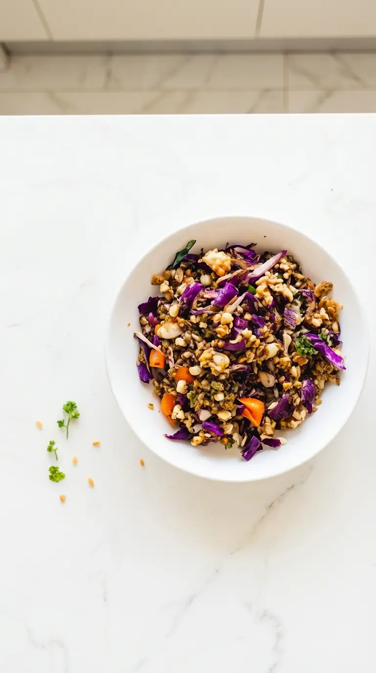 A beautifully plated portion of Shaved Brussels Sprouts Salad in a minimalist white ceramic bowl, showcasing the crunchy texture and vibrant colors of the purple cabbage, orange carrots, light brown grains/nuts, and green parsley garnish. Shot from a slightly angled perspective on a marble countertop, with fresh herbs visible in the soft-focused background. Natural morning light, warm tones. No hands or people. (3:4 ratio)