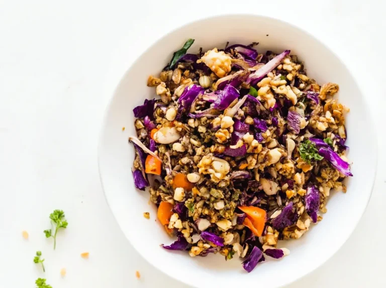 An overhead hero shot of a vibrant Shaved Brussels Sprouts Salad in a minimalist white ceramic bowl on a clean marble countertop, featuring thinly sliced purple cabbage, bright orange diced carrots, light brown grains or nuts, corn kernels, and fresh green parsley garnish. The scene is bathed in natural morning light from an east window, casting soft shadows, with a warm, tidy presentation and a subtle wood accent in the background. No hands or people. (4:3 ratio)