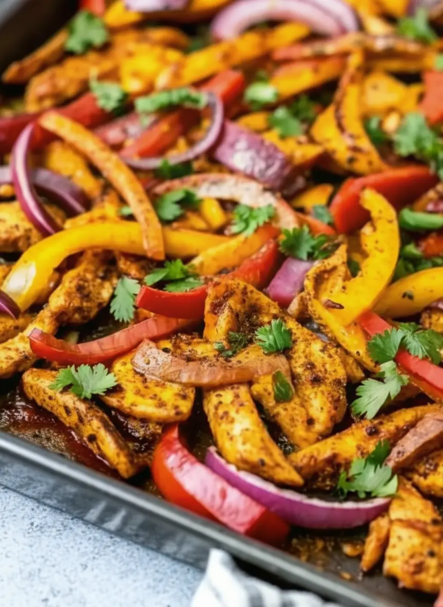 An artfully arranged display of raw chicken strips, sliced red and yellow bell peppers, red onion, and a bowl of fajita seasoning on a wooden cutting board on a marble countertop. Fresh cilantro sprigs are visible in the background, bathed in natural morning light, creating soft shadows and warm tones. No hands or people visible. (3:4 ratio)