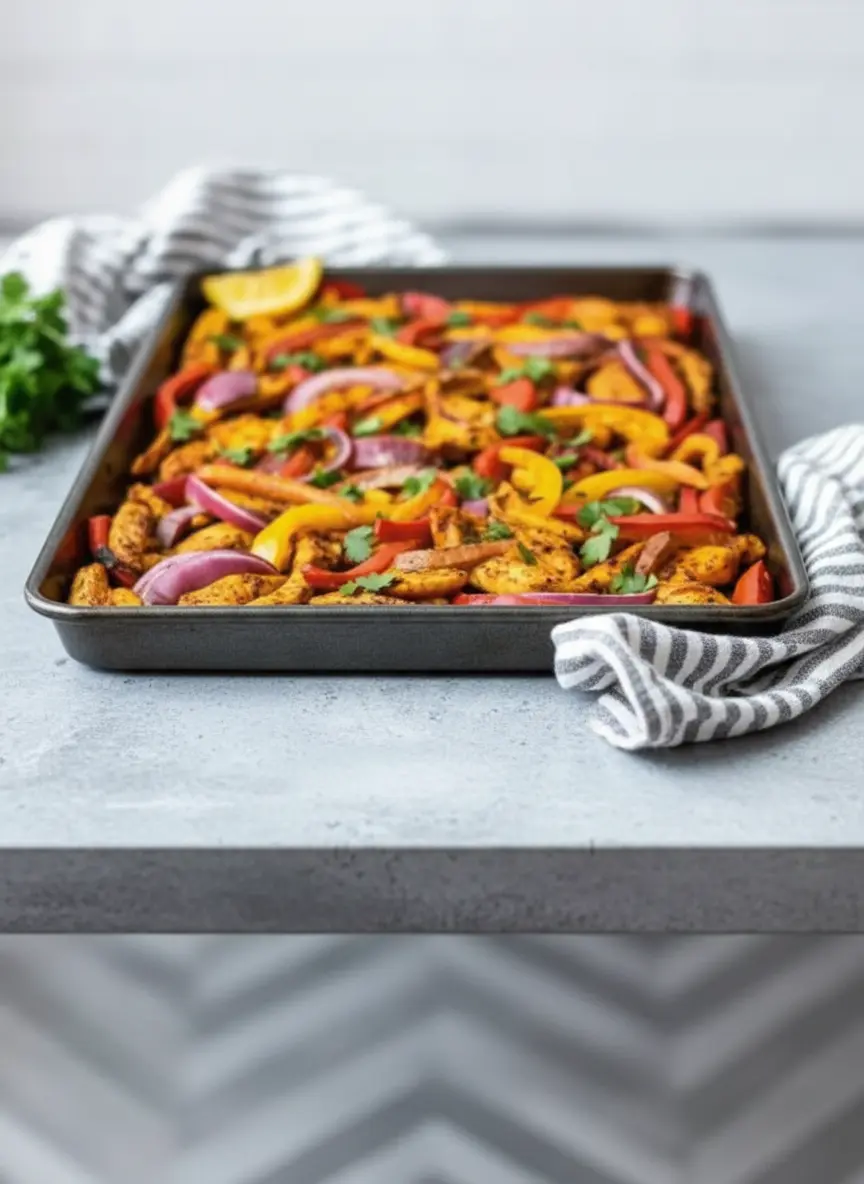 A dark metal sheet pan filled with raw chicken strips, red and yellow bell pepper slices, and red onion, all generously coated with fajita seasoning and drizzled with olive oil, ready for the oven. The scene is set on a marble countertop with a subtle wood accent, illuminated by natural morning light, showcasing the colorful prep. No hands or people visible. (3:4 ratio)