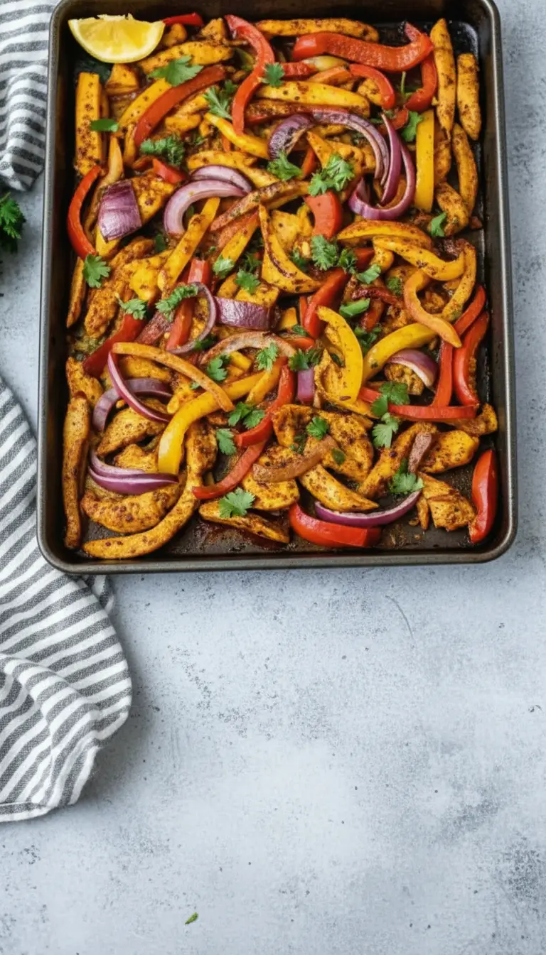 A close-up of a serving of cooked Sheet Pan Chicken Fajitas in a minimalist white ceramic bowl, showcasing the browned, spice-crusted chicken, slightly charred red and yellow bell peppers, and tender red onion, topped with fresh cilantro. The bowl is on a marble countertop with a soft, warm glow from natural morning light. No hands or people visible. (3:4 ratio)