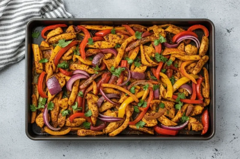 A close-up, overhead shot of vibrant Sheet Pan Chicken Fajitas freshly roasted on a dark metal sheet pan, showcasing tender, spice-coated chicken strips, brightly colored red and yellow bell peppers, and purple red onion slices, all garnished with fresh green cilantro. The background subtly features marble countertops, a hint of wood accent, and natural morning light casting soft, warm tones. No hands or people visible. (4:3 ratio)