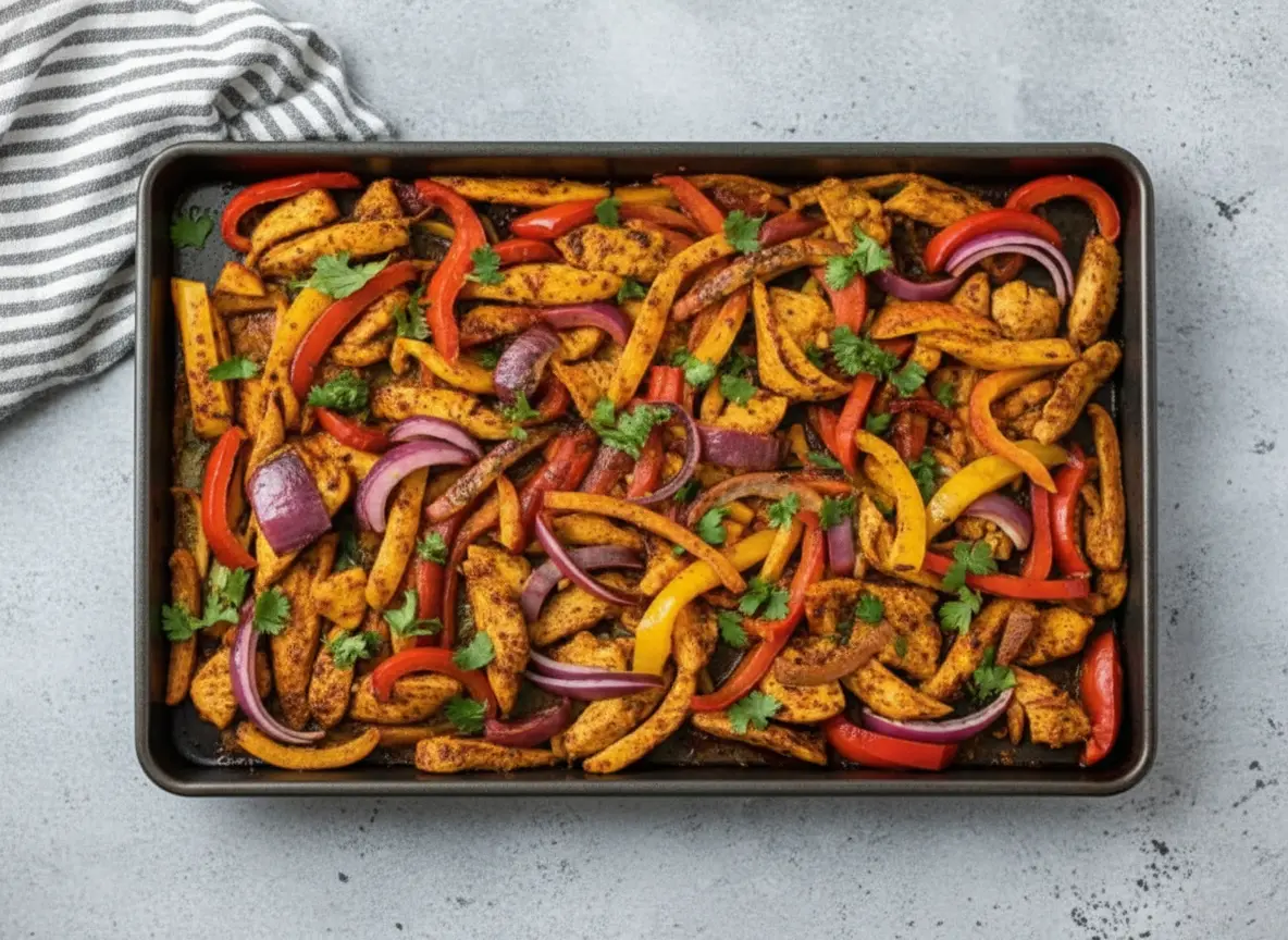 A close-up, overhead shot of vibrant Sheet Pan Chicken Fajitas freshly roasted on a dark metal sheet pan, showcasing tender, spice-coated chicken strips, brightly colored red and yellow bell peppers, and purple red onion slices, all garnished with fresh green cilantro. The background subtly features marble countertops, a hint of wood accent, and natural morning light casting soft, warm tones. No hands or people visible. (4:3 ratio)