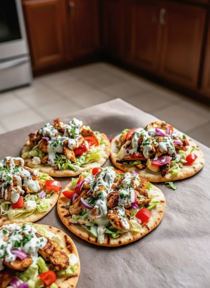 A rimmed baking sheet fresh out of the oven sitting on the wooden cutting board. One side of the pan has golden-brown, slightly charred spiced chicken strips; the other side has warm, toasted pitas. Steam is rising slightly, capturing the 'Bake Mode' warmth.