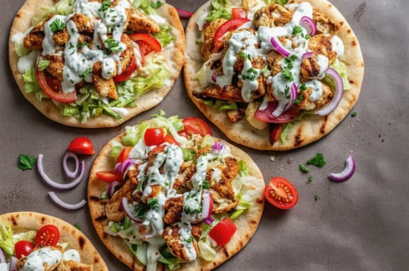 A top-down hero shot of two prepared Sheet Pan Chicken Pitas resting on a worn wooden cutting board. The pitas are open-faced, golden-brown, and generously topped with char-grilled spiced chicken strips, shredded green cabbage slaw, diced red onions, and chunks of cucumber. A creamy white herb sauce with visible dill specks is drizzled artistically over the top. The scene is set on a marble countertop with soft morning light from the east, casting gentle shadows. Fresh dill sprigs and a small bowl of extra sauce are visible in the background.