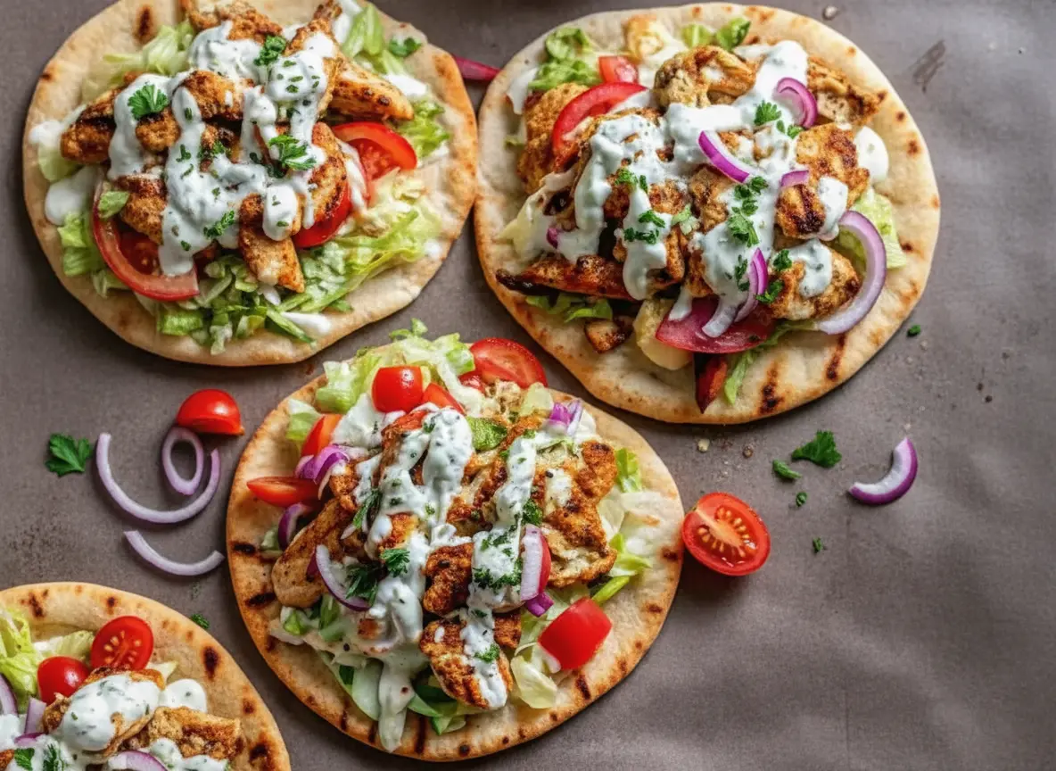 A top-down hero shot of two prepared Sheet Pan Chicken Pitas resting on a worn wooden cutting board. The pitas are open-faced, golden-brown, and generously topped with char-grilled spiced chicken strips, shredded green cabbage slaw, diced red onions, and chunks of cucumber. A creamy white herb sauce with visible dill specks is drizzled artistically over the top. The scene is set on a marble countertop with soft morning light from the east, casting gentle shadows. Fresh dill sprigs and a small bowl of extra sauce are visible in the background.
