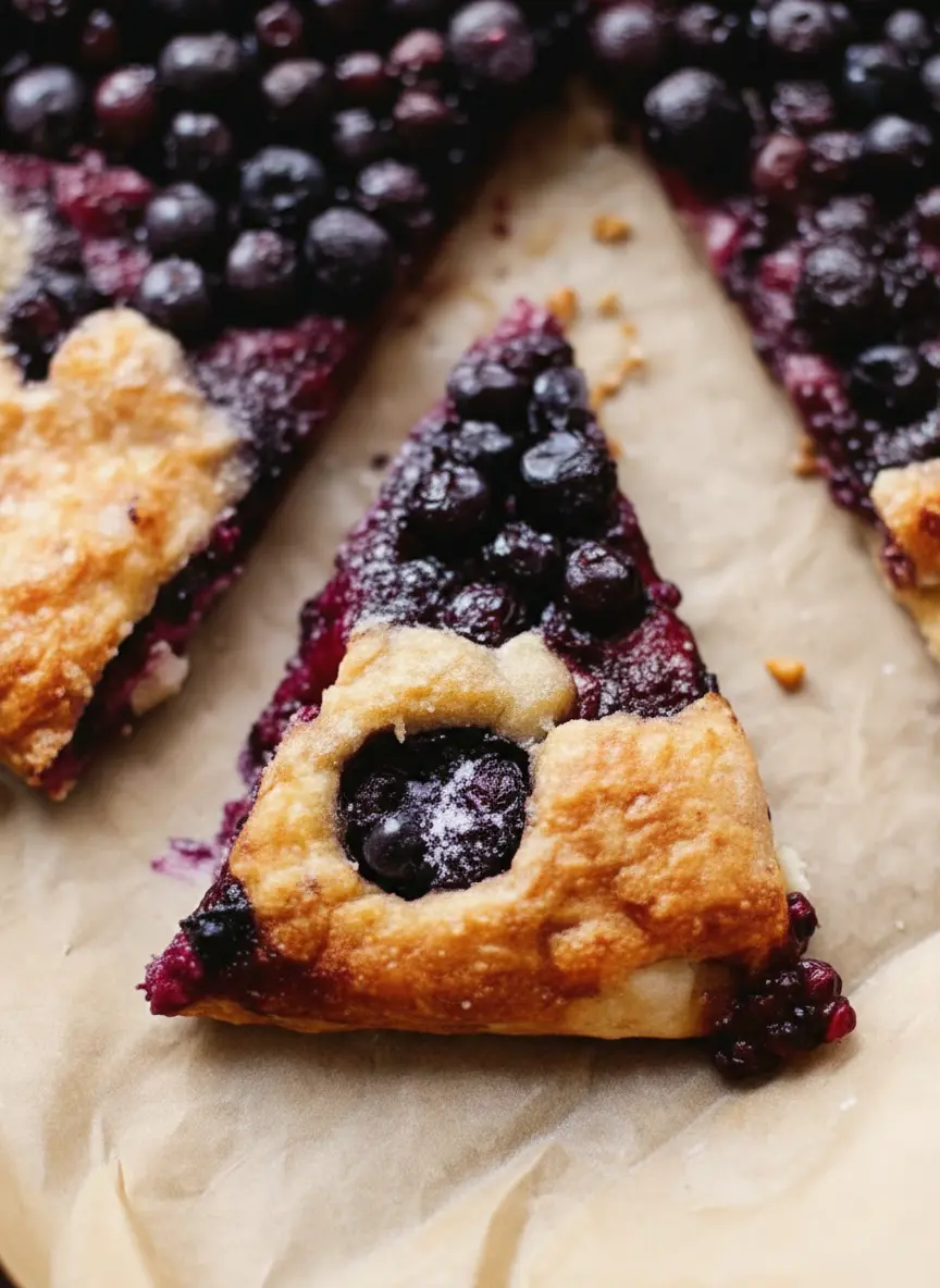 Eye-level shot of ingredients on a marble countertop with wood accents. A pile of fresh, misty blueberries, a block of cold butter on a wooden cutting board, a heap of white flour, and a lemon. The lighting is bright and airy, reflecting a clean, tidy kitchen preparation. 3:4 aspect ratio.