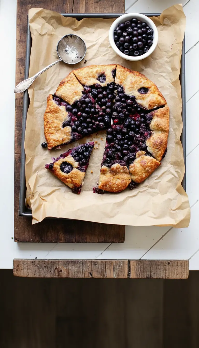 Close-up macro shot of a single slice of blueberry galette on a minimalist white ceramic plate. The focus is on the flaky layers of the crust and the glistening, jammy texture of the cooked berry filling. A fork rests on the plate. Warm tones and soft depth of field. 3:4 aspect ratio.