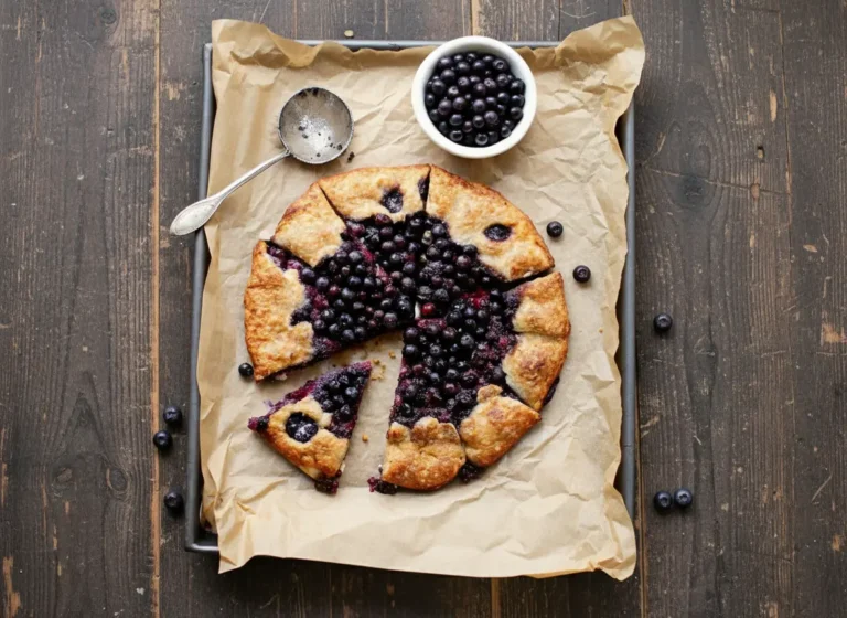 A high-angle hero shot of a rustic blueberry galette cooling on a piece of parchment paper atop a marble baking sheet. The crust is golden brown and heavily sprinkled with coarse sparkling sugar. The filling is deep purple, jammy, and glossy with whole berries visible. A silver pie server is sliding under one slice. To the side, a small minimalist ceramic bowl holds white sugar, and a few loose fresh blueberries are scattered on the parchment. Soft natural morning light from the east creates gentle shadows. 4:3 aspect ratio.