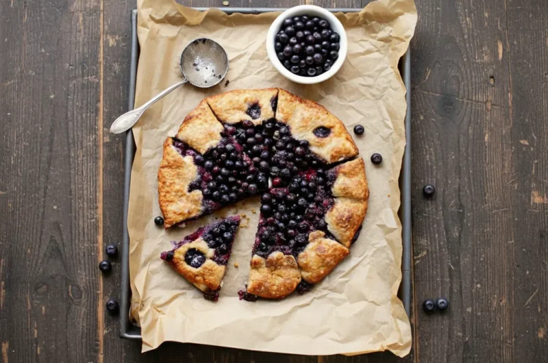 A high-angle hero shot of a rustic blueberry galette cooling on a piece of parchment paper atop a marble baking sheet. The crust is golden brown and heavily sprinkled with coarse sparkling sugar. The filling is deep purple, jammy, and glossy with whole berries visible. A silver pie server is sliding under one slice. To the side, a small minimalist ceramic bowl holds white sugar, and a few loose fresh blueberries are scattered on the parchment. Soft natural morning light from the east creates gentle shadows. 4:3 aspect ratio.
