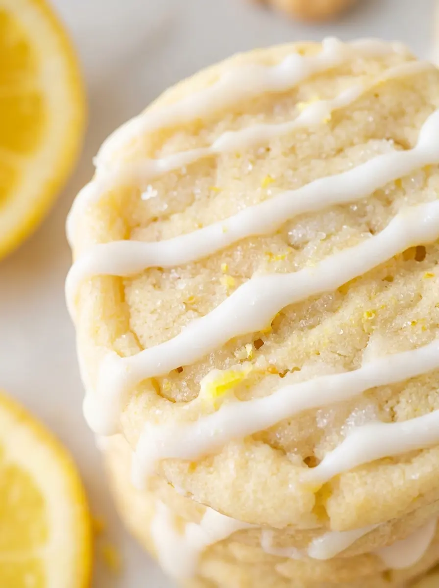 Overhead shot of baking ingredients laid out on a wooden cutting board on a marble countertop. Ingredients include whole lemons, granulated sugar, flour in a ceramic bowl, butter sticks, and eggs, all prepped for making lemon sugar cookies. Fresh herbs are visible in a small pot in the background. Soft natural morning light, clean and tidy presentation.