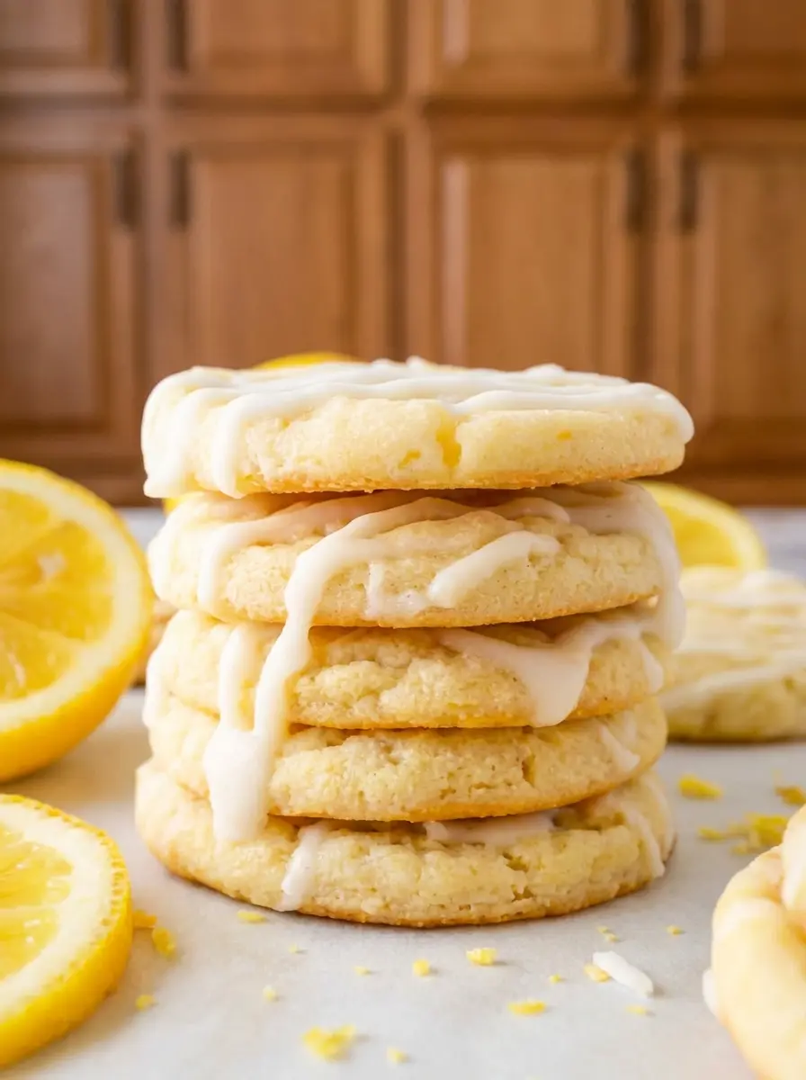 A close-up of golden, baked Lemon Sugar Cookies cooling on a wire rack, freshly removed from the oven, before glazing. The cookies show slightly crinkled edges and a soft center. A baking sheet is blurred in the background on a marble countertop. Soft shadows and warm tones are present from natural morning light.
