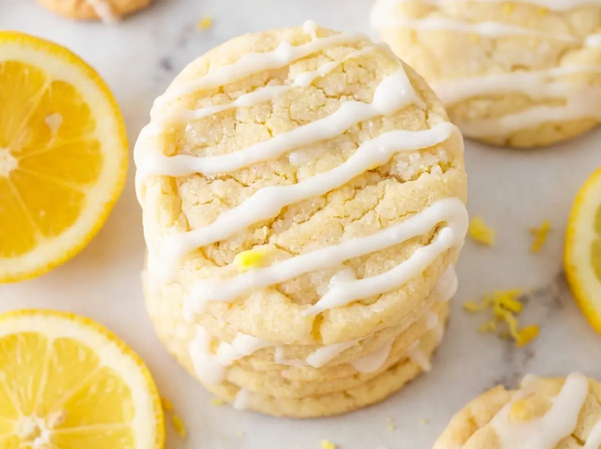 Hero shot of a stack of golden Lemon Sugar Cookies, generously drizzled with a bright white lemon glaze. Fresh lemon halves and scattered lemon zest are artfully placed around the cookies. The scene is set on a marble countertop with subtle wood accents in soft, natural morning light, creating warm tones and soft shadows. Minimalist white plates are subtly in the background.