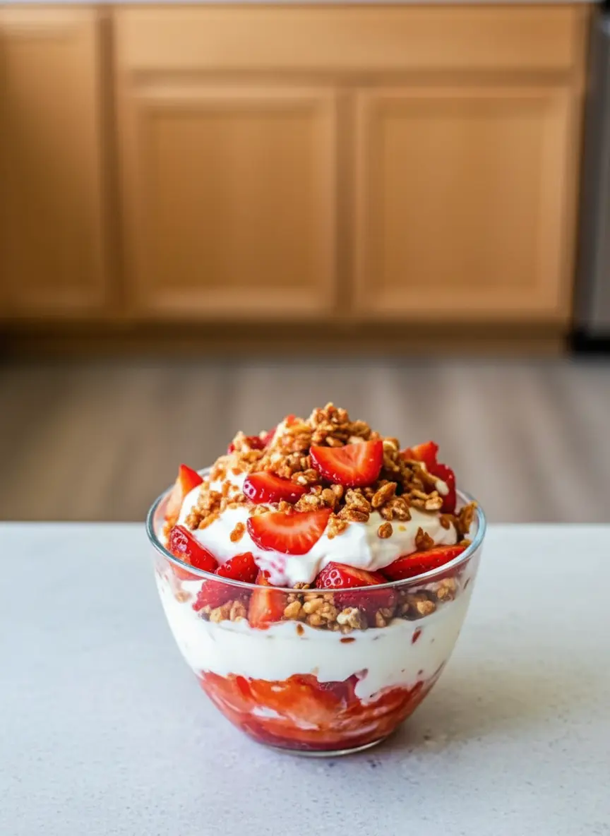 A process shot of a white mixing bowl containing the fluffy white cream cheese mixture. A spatula is resting in the bowl, having just folded in the whipped topping. The texture looks airy and smooth. In the background, a baking sheet with the golden baked pretzel crumble is cooling on the marble counter. 3:4 aspect ratio.