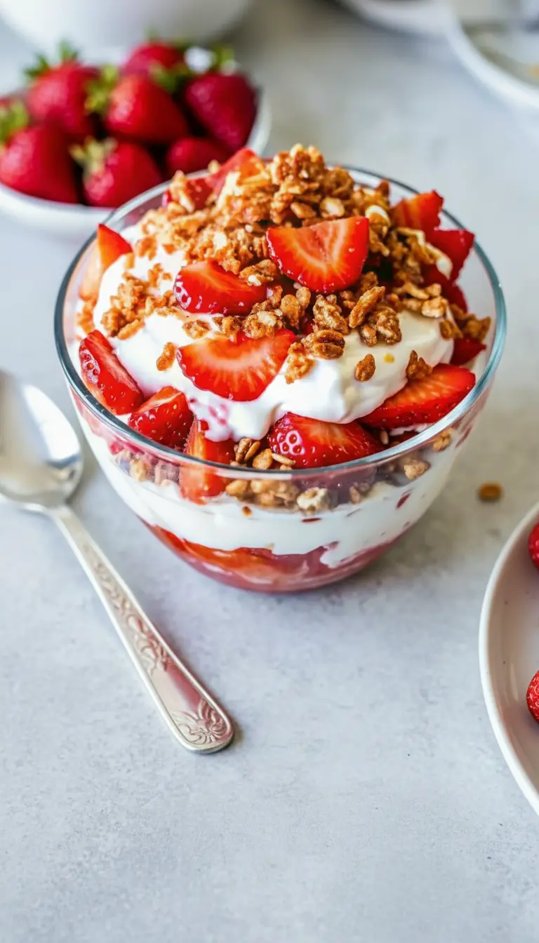 A close-up texture shot of the final dish in the glass bowl, focusing on the topping. The golden brown caramelized pretzel clusters are sharp and distinct against the soft white cream and juicy red strawberry slices. The image captures the 'crackle' texture vividly. 3:4 aspect ratio.