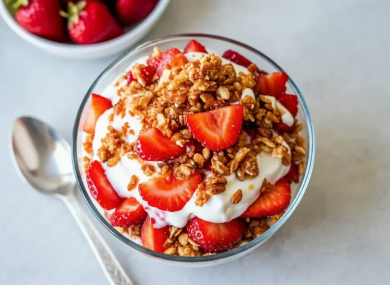 A high-angle hero shot of a glass trifle bowl filled with Strawberry Crackle Salad, sitting on a marble countertop with wood accents. The bowl shows distinct swirls of white creamy filling and bright red strawberry slices. The top is generously piled with golden-brown candied pretzel and nut clusters. Natural morning light streams from the east, casting soft shadows. Fresh mint and a wooden cutting board are visible in the blurred background. 4:3 aspect ratio.