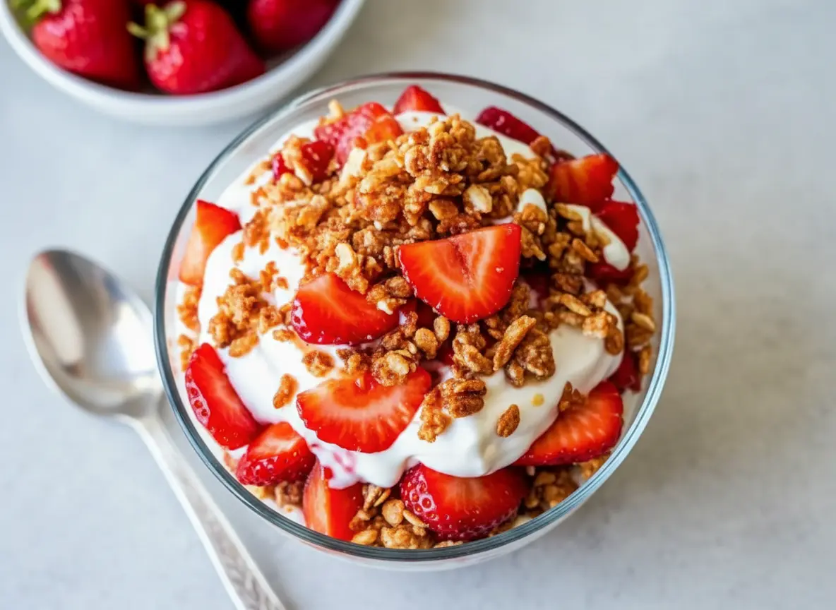 A high-angle hero shot of a glass trifle bowl filled with Strawberry Crackle Salad, sitting on a marble countertop with wood accents. The bowl shows distinct swirls of white creamy filling and bright red strawberry slices. The top is generously piled with golden-brown candied pretzel and nut clusters. Natural morning light streams from the east, casting soft shadows. Fresh mint and a wooden cutting board are visible in the blurred background. 4:3 aspect ratio.