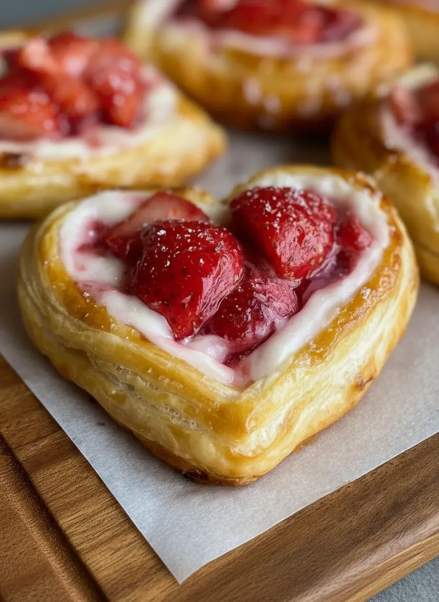 Ingredients arranged: A minimalist white ceramic bowl filled with vibrant red diced strawberries, another bowl with creamy white cream cheese mixture, a sheet of thawed puff pastry, and a lemon, all neatly arranged on a marble countertop with fresh herbs in the background. Natural morning light, soft shadows, warm tones, clean and tidy. No hands.