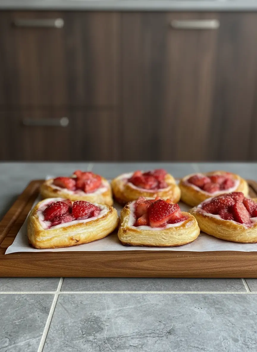 Process shot: A partially folded heart-shaped puff pastry on a rustic wooden cutting board, illustrating the strategic cuts and folds to form the heart shape before filling. A small bowl of egg wash and a pastry brush are nearby. Natural morning light, soft shadows, warm tones, clean and tidy. No hands.