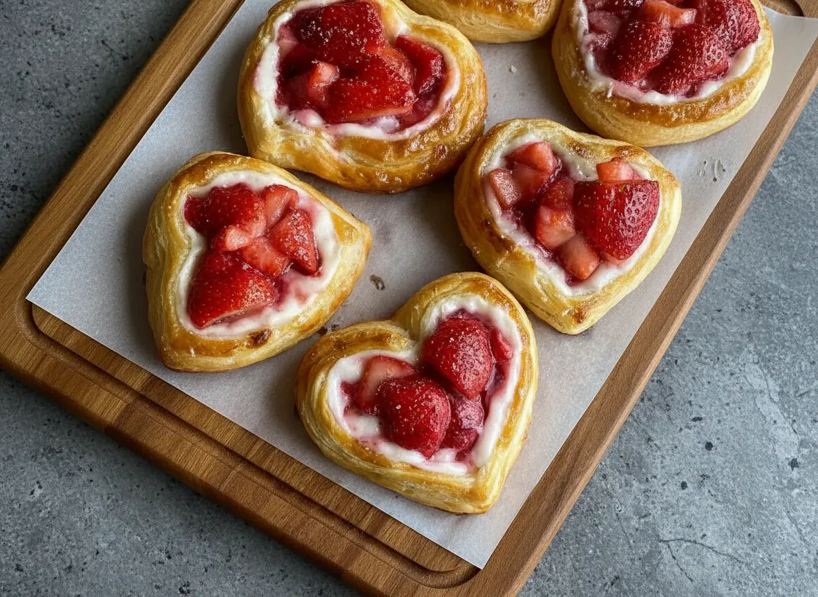 A close-up, slightly overhead shot of a perfectly baked heart-shaped Strawberry Cream Cheese Danish, golden flaky puff pastry, filled with creamy white cream cheese and bright red macerated strawberries, lightly dusted with powdered sugar, resting on parchment paper on a rustic wooden cutting board. The background shows other similar danishes slightly out of focus. Natural morning light from an east window, soft shadows, warm tones, clean and tidy presentation, marble countertop visible. No hands.