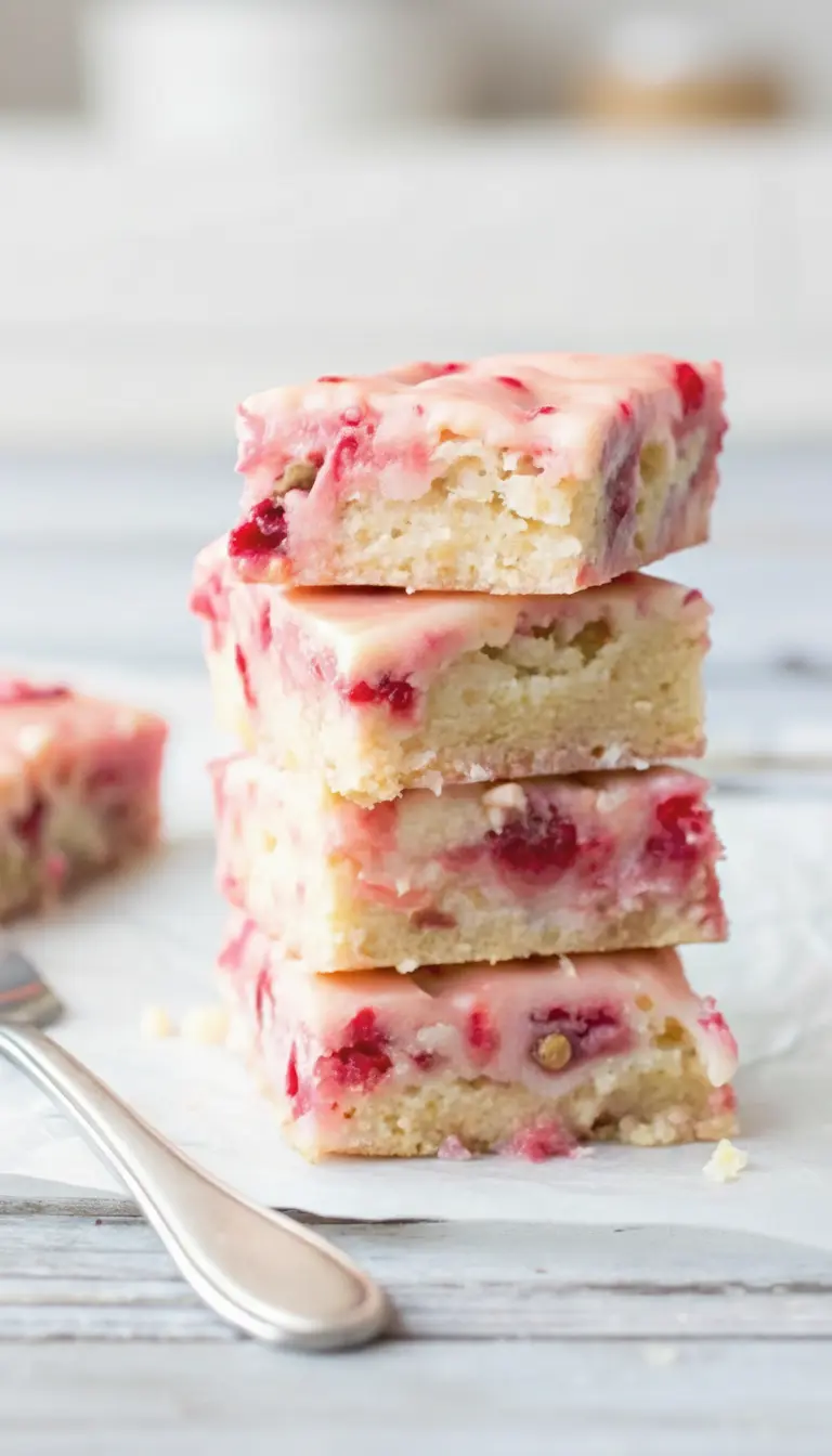 A single Strawberry Lemon Blondie bar, showcasing its moist, chewy texture, visible strawberry chunks, and creamy pink frosting. It's placed on a minimalist white plate on a marble countertop, with soft natural light highlighting its details and a fresh lemon slice subtly in the background. (3:4 ratio)
