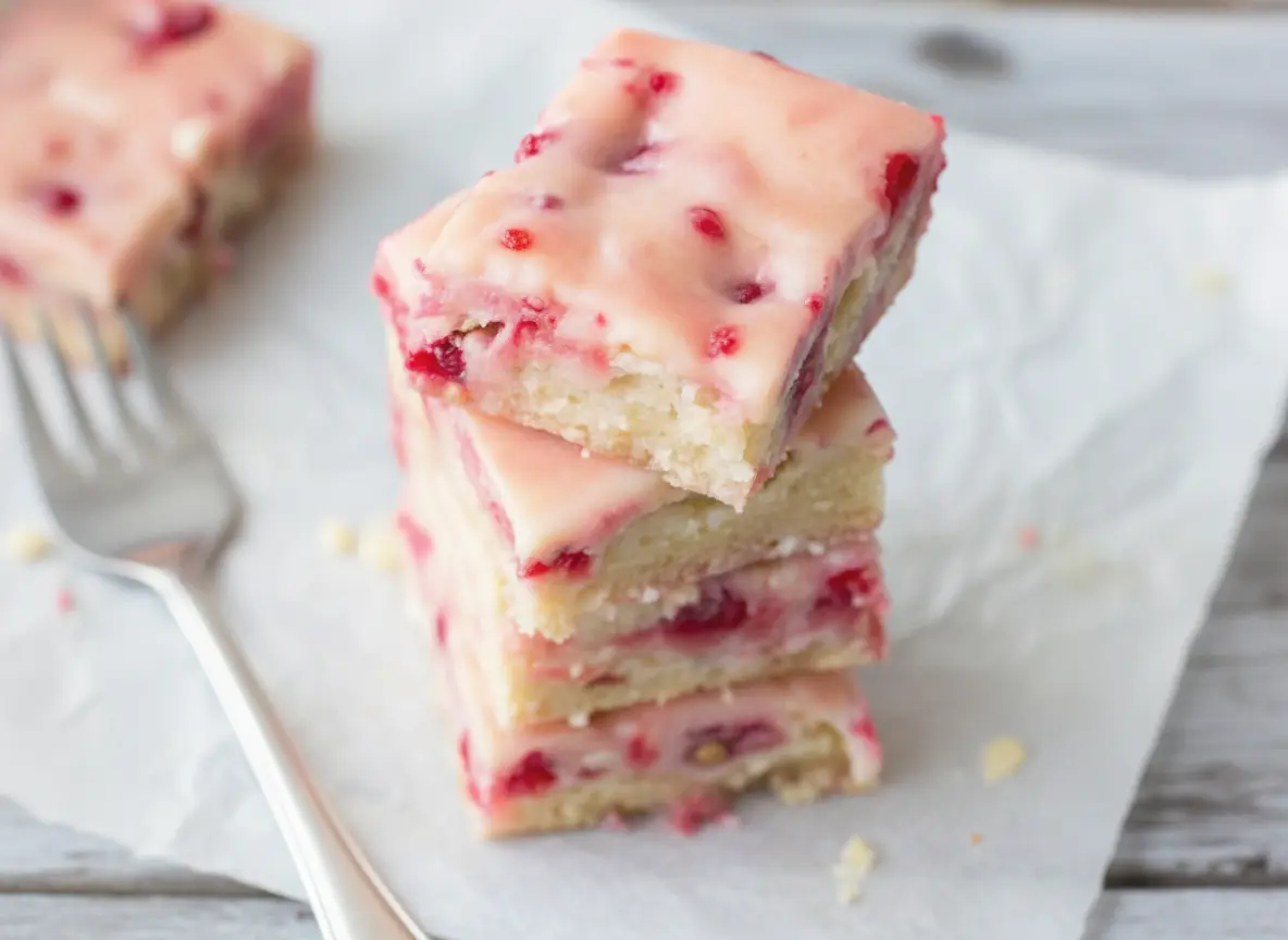 A delicious stack of three Strawberry Lemon Blondies, each bar topped with smooth, pale pink frosting and visible red strawberry pieces, presented on white parchment paper. Shot with natural morning light on a marble countertop with soft shadows, warm tones, and a clean, tidy presentation. A corner of a wooden cutting board is subtly visible in the background. (4:3 ratio)