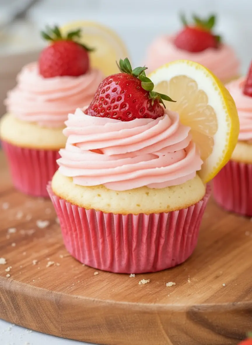 A preparation shot on a wooden cutting board showing fresh ingredients. A pile of bright red strawberries, whole lemons with textured zest, a bowl of white flour, and farm-fresh eggs. The background shows the marble countertop and a hint of fresh herbs in a ceramic pot. Natural lighting, 3:4 aspect ratio.