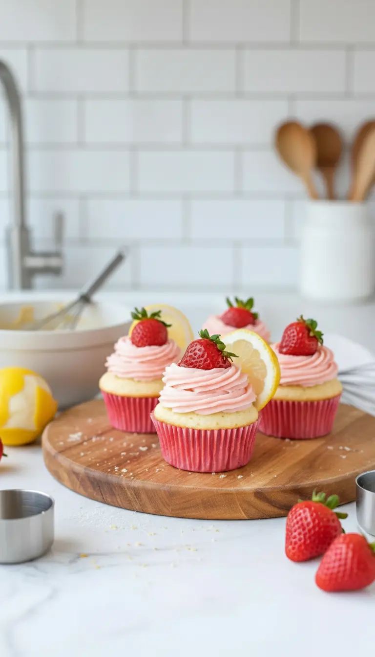 A texture focus shot of a single finished cupcake. The camera is close up on the swirl of pink frosting, highlighting the tiny air bubbles and strawberry seeds. The fresh strawberry garnish glistens, and the lemon slice shows detailed pulp. The background is a soft blur of the white wire rack and marble. 3:4 aspect ratio.