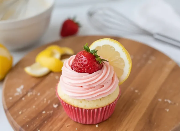 A hero shot of twelve strawberry lemonade cupcakes arranged on a white vintage wire cooling rack. The cupcakes have bright pink fluted paper liners and pale yellow sponge cake visible at the top. They are topped with a generous swirl of pink strawberry buttercream. Each cupcake is garnished with a whole small fresh strawberry and a thin quarter-slice of lemon tucked into the frosting. The setting is a bright kitchen with a marble countertop, soft morning light coming from the east, and a wooden cutting board in the background. High resolution, food photography style.