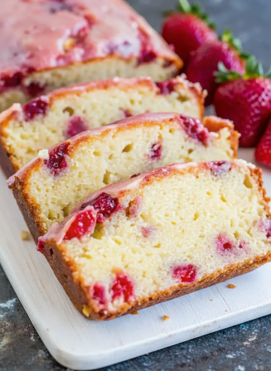 Overhead shot of fresh ingredients for Strawberry Pound Cake laid out on a marble countertop: vibrant red strawberries in a ceramic bowl, flour, sugar, butter sticks, buttermilk in a glass, and eggs. A wooden cutting board is subtly in the background. Natural morning light from an east window creates soft shadows, with fresh green herbs peeking into the frame. Clean and tidy presentation, 3:4 aspect ratio.
