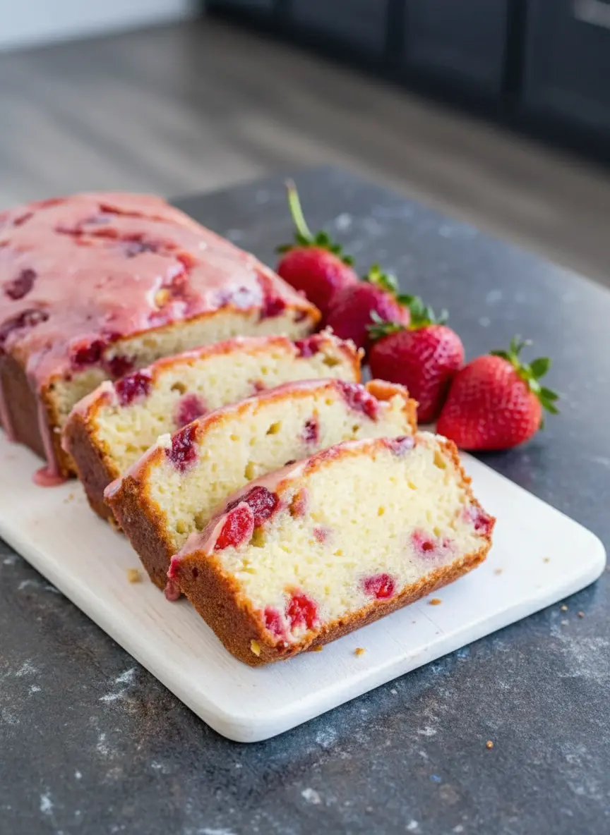 A loaf pan filled with unbaked Strawberry Pound Cake batter, visibly studded with diced red strawberries, resting on a wooden cutting board on a marble countertop. The scene is bathed in natural morning light from an east window, with soft shadows. Fresh green herbs are in the background. Clean and tidy presentation, showcasing the texture of the batter, 3:4 aspect ratio.