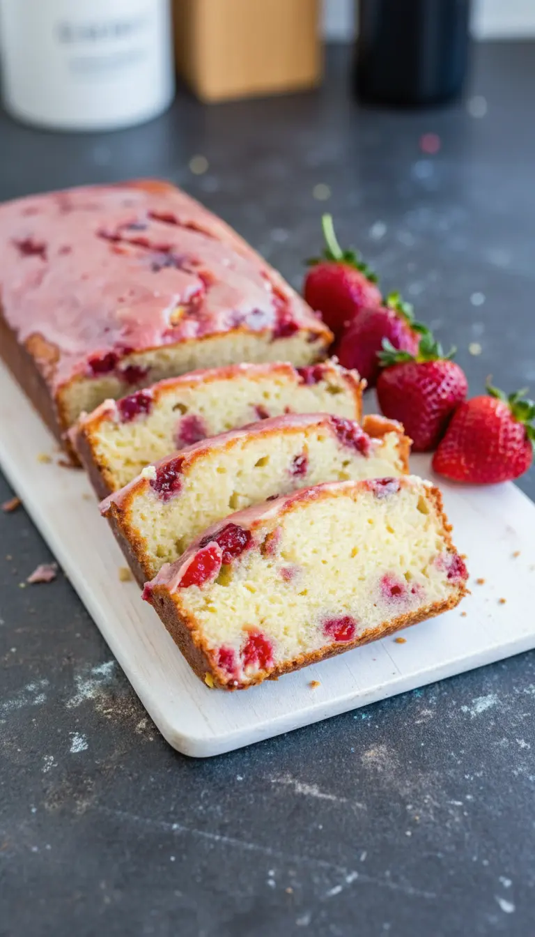 Three thick slices of Strawberry Pound Cake, showing the moist, light yellow crumb and generous red strawberry pieces, with a glistening pink strawberry glaze on top. The slices are arranged on a wooden cutting board, with a blurred full loaf and fresh strawberries on a white plate in the background. Natural morning light and warm tones highlight the texture. Fresh green herbs are subtly visible in the background, 3:4 aspect ratio.