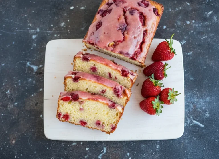 A full loaf of Strawberry Pound Cake with a vibrant pink strawberry glaze and fresh whole strawberries on a minimalist white rectangular plate, positioned on a wooden cutting board on a marble countertop. Slices of the cake are arranged neatly in the foreground. Natural morning light from an east window casts soft shadows. Fresh green herbs are subtly visible in the background. The scene has warm tones and a clean, tidy presentation.