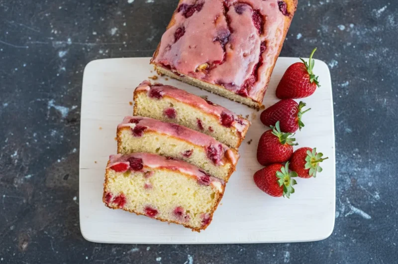 A full loaf of Strawberry Pound Cake with a vibrant pink strawberry glaze and fresh whole strawberries on a minimalist white rectangular plate, positioned on a wooden cutting board on a marble countertop. Slices of the cake are arranged neatly in the foreground. Natural morning light from an east window casts soft shadows. Fresh green herbs are subtly visible in the background. The scene has warm tones and a clean, tidy presentation.